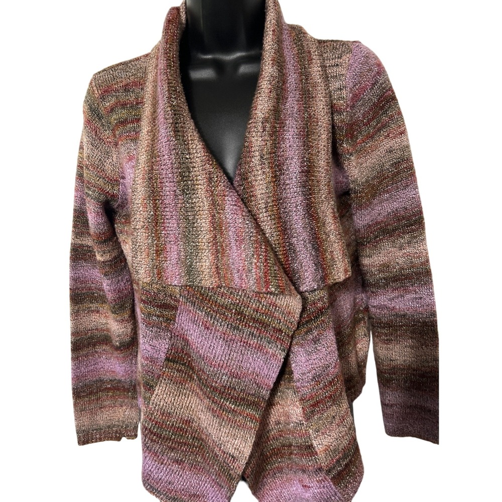 Ruby Rd. Petite Knit Cardigan Open Front Purple‎ Brown Striped Sweater